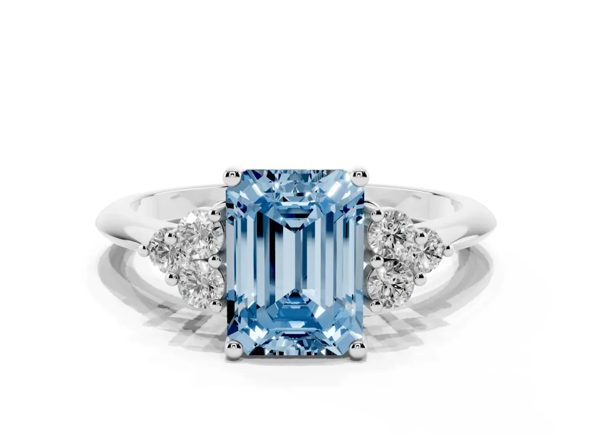 Fancy Blue Emerald Cut Cut Diamond Cluster Ring with Solitaire Band and Four-Prong Setting Platinum