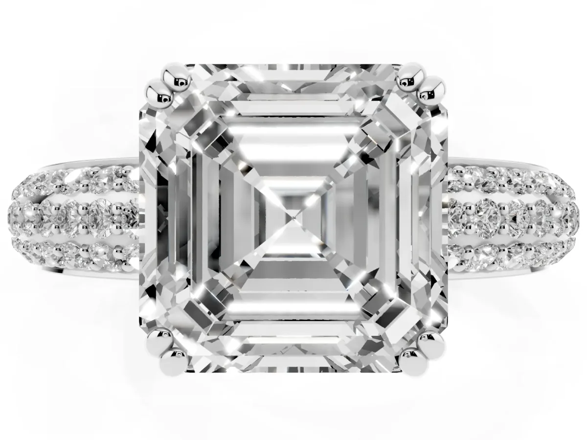 Asscher Cut Diamond Solitaire Ring with Multi-Row Round Pavé Band and Prong Setting Silver