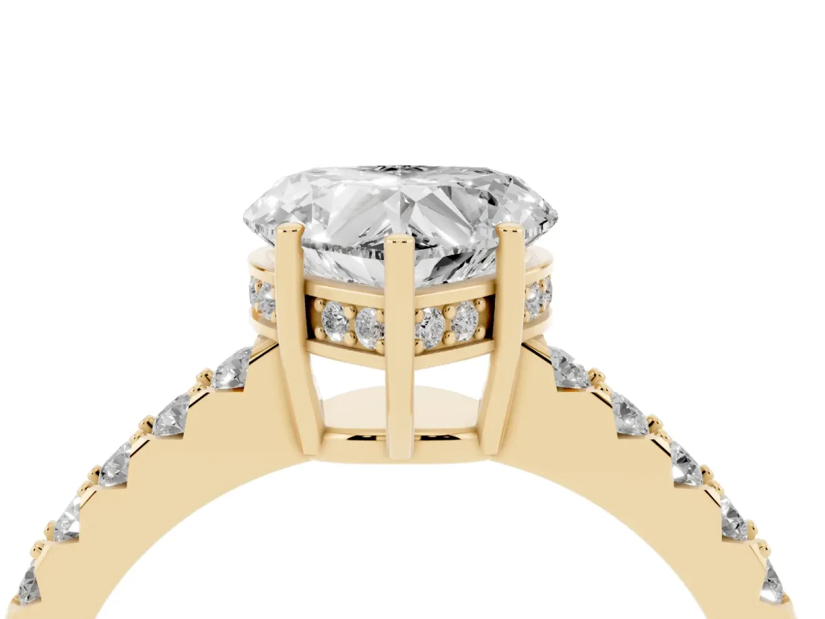 Heart Cut Solitaire Diamond Engagement Ring with Pavé Band and Six-Prong Setting Yellow gold