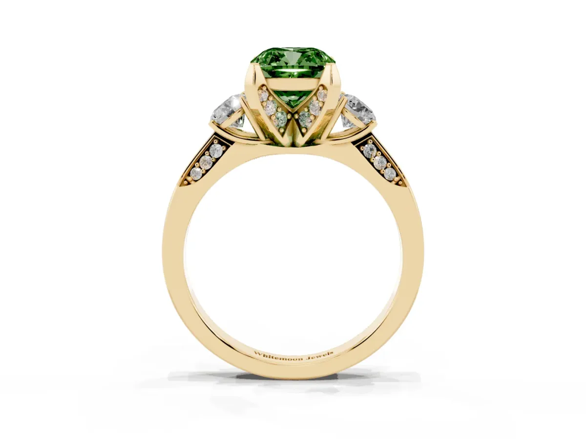 Fancy Green Cushion Cut Brilliant Three-Stone Diamond Ring with Pavé Band and Four-Prong Setting Yellow gold