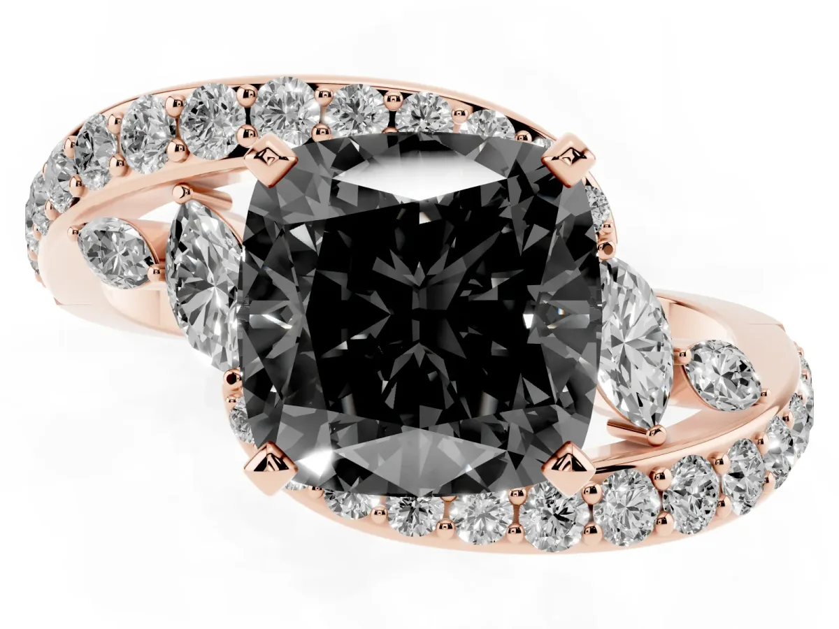 Fancy Black Cushion Cut Diamond Solitaire Ring with Filigree Band and Four-Prong Setting Rose gold