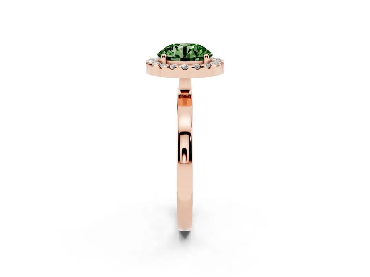 Fancy Green Round Cut Halo Diamond Solitaire with Pavé Band and Four-Prong Setting Rose gold