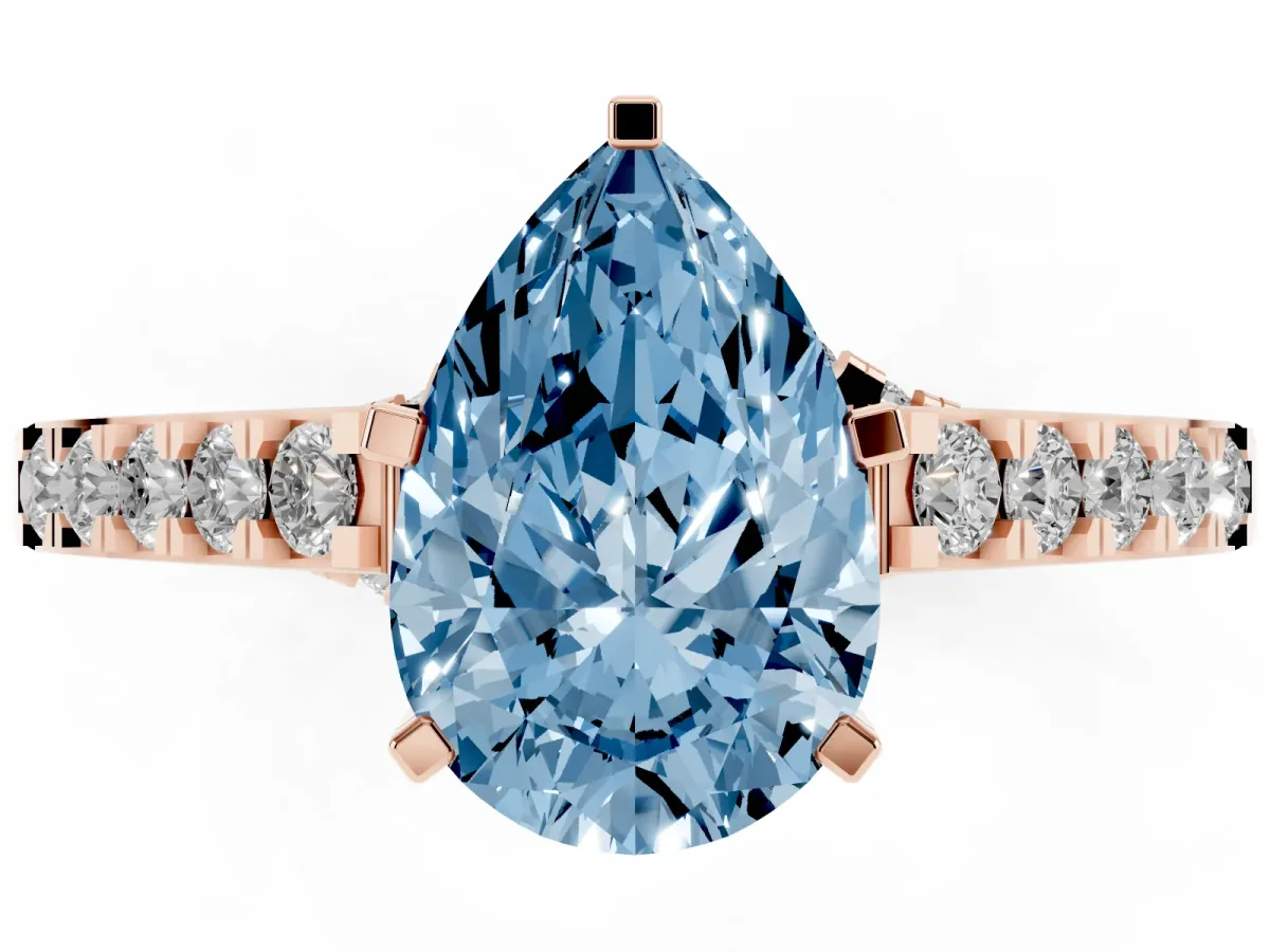 Fancy Blue Pear Cut Diamond Solitaire Ring with Crossover Gallery and Round Pavé Band Rose gold