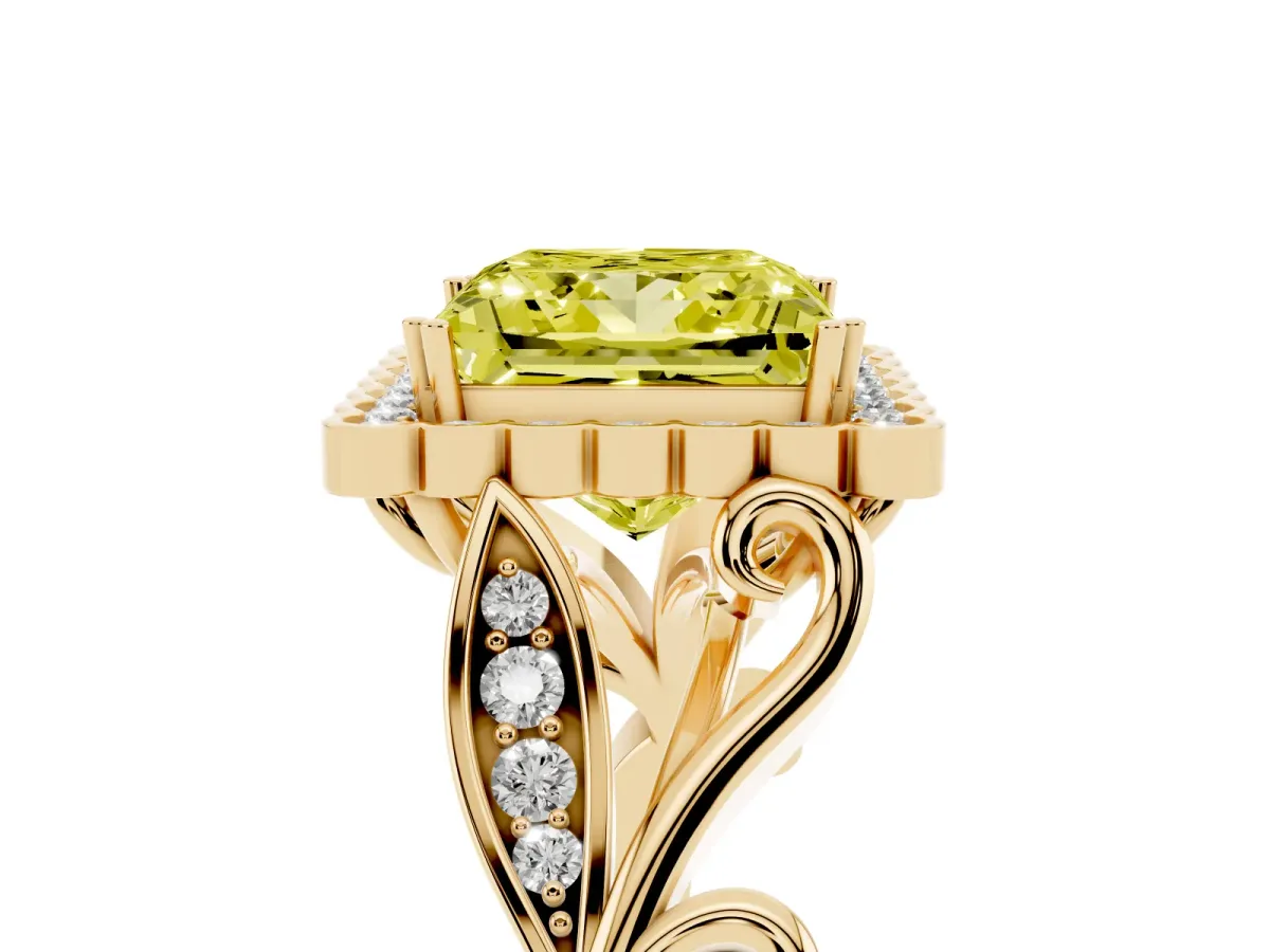 Fancy Yellow Princess Cut Diamond Halo Ring with Vintage Split Shank and Four-Prong Setting Yellow gold