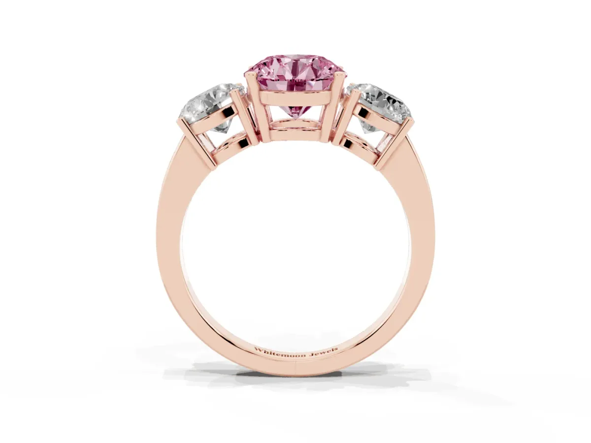 Fancy Pink Three-Stone Round Cut Cut Diamond Engagement Ring with Flat Band and Four-Prong Setting Rose gold