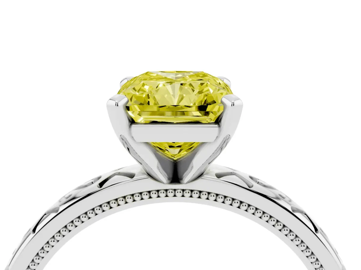 Fancy Yellow Radiant Cut Solitaire Engagement Ring with Scrollwork Band and Four-Prong Setting White gold