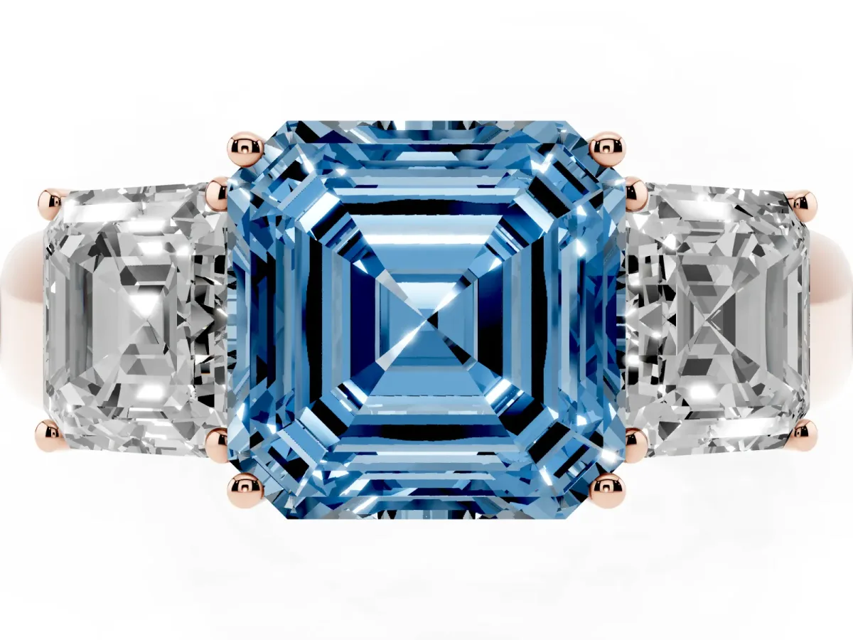 Fancy Blue Three-Stone Asscher Cut Cut Diamond Ring with Prong Setting and Classic Band Rose gold