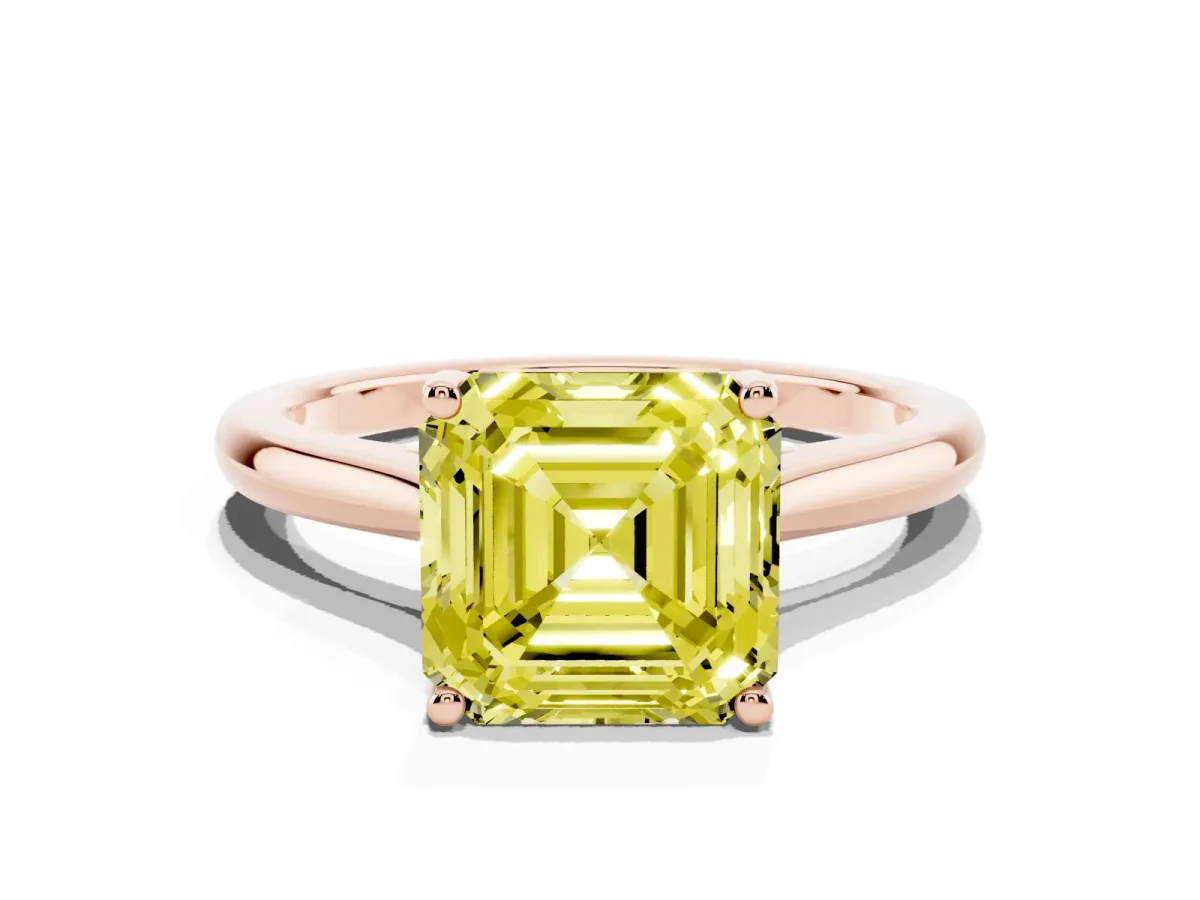 Fancy Yellow Asscher Cut Cut Solitaire Ring with Cathedral Band and Four-Prong Setting Rose gold