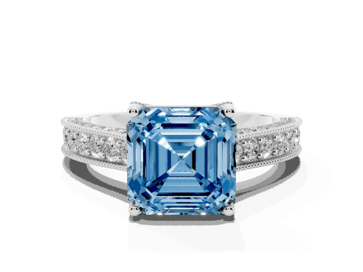 Fancy Blue Asscher Cut Cut Diamond Solitaire Ring with Milgrain Pave Band and Four Prong Setting Silver