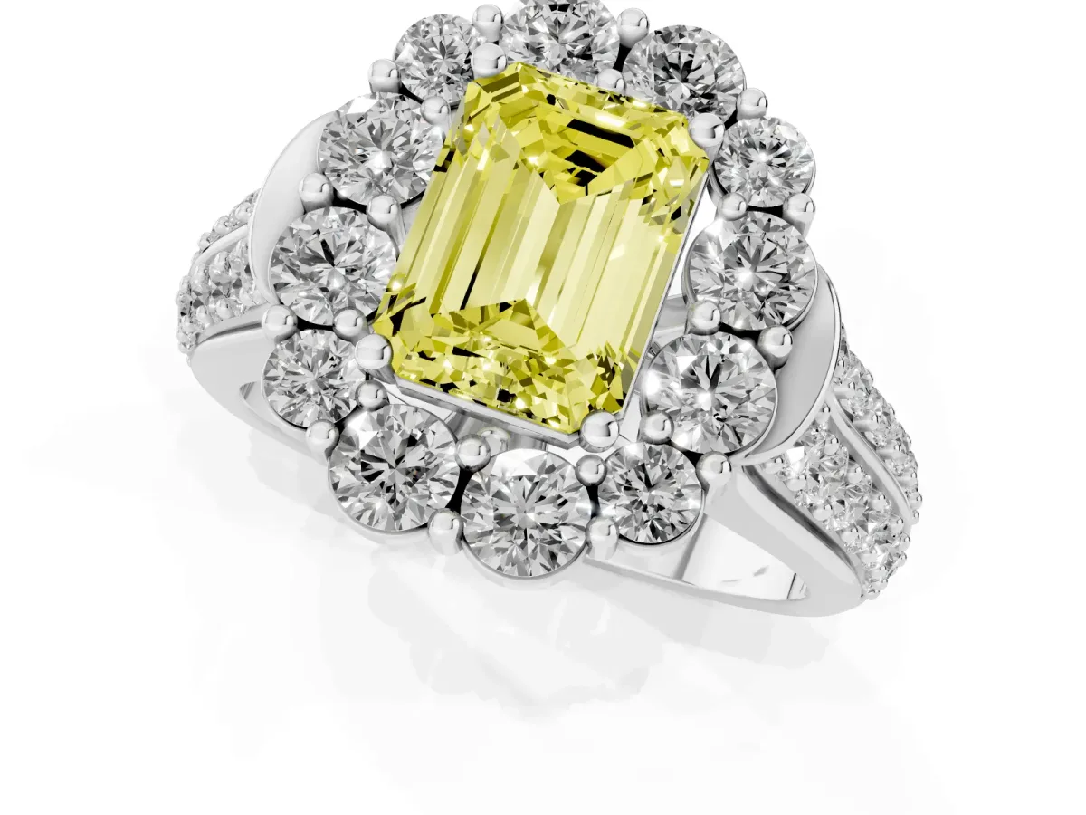 Fancy Yellow Emerald Cut Halo Diamond Engagement Ring with Split Shank and Prong Setting Platinum