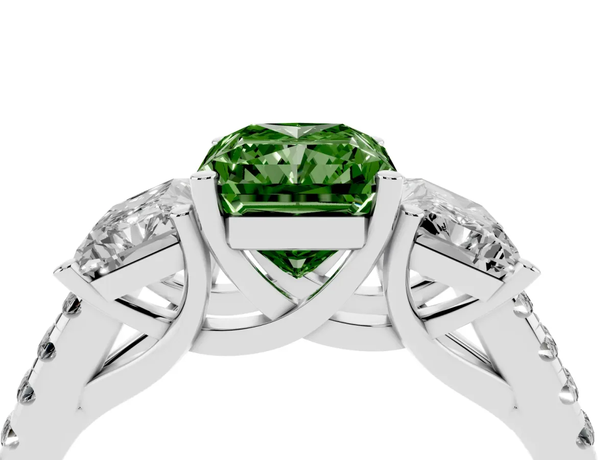 Fancy Green Three-Stone Radiant Cut Diamond Ring with Round Pavé Band and Prong Setting Platinum