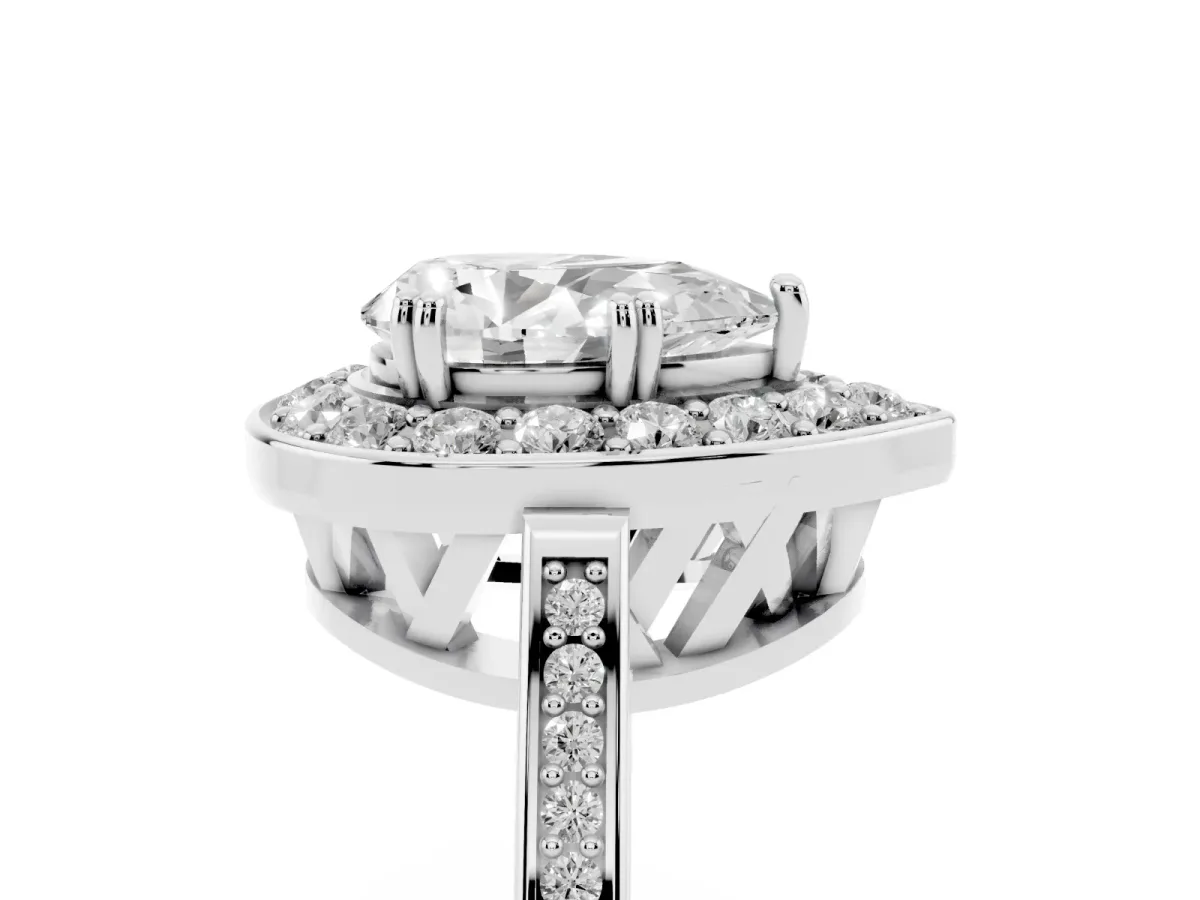 Pear Cut Diamond Halo Ring with Split Shank and Four-Prong Setting Silver