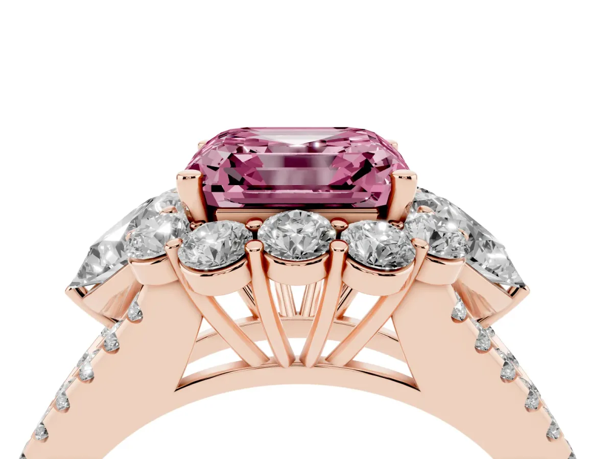 Fancy Pink Asscher Cut Halo Split Shank Diamond Engagement Ring with Prong Setting Rose gold