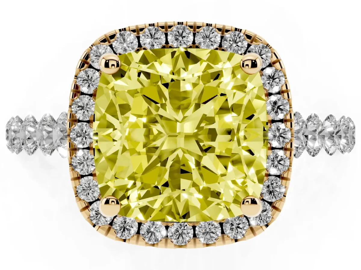 Fancy Yellow Cushion Cut Halo Pavé Diamond Engagement Ring with Four-Prong Setting Yellow gold