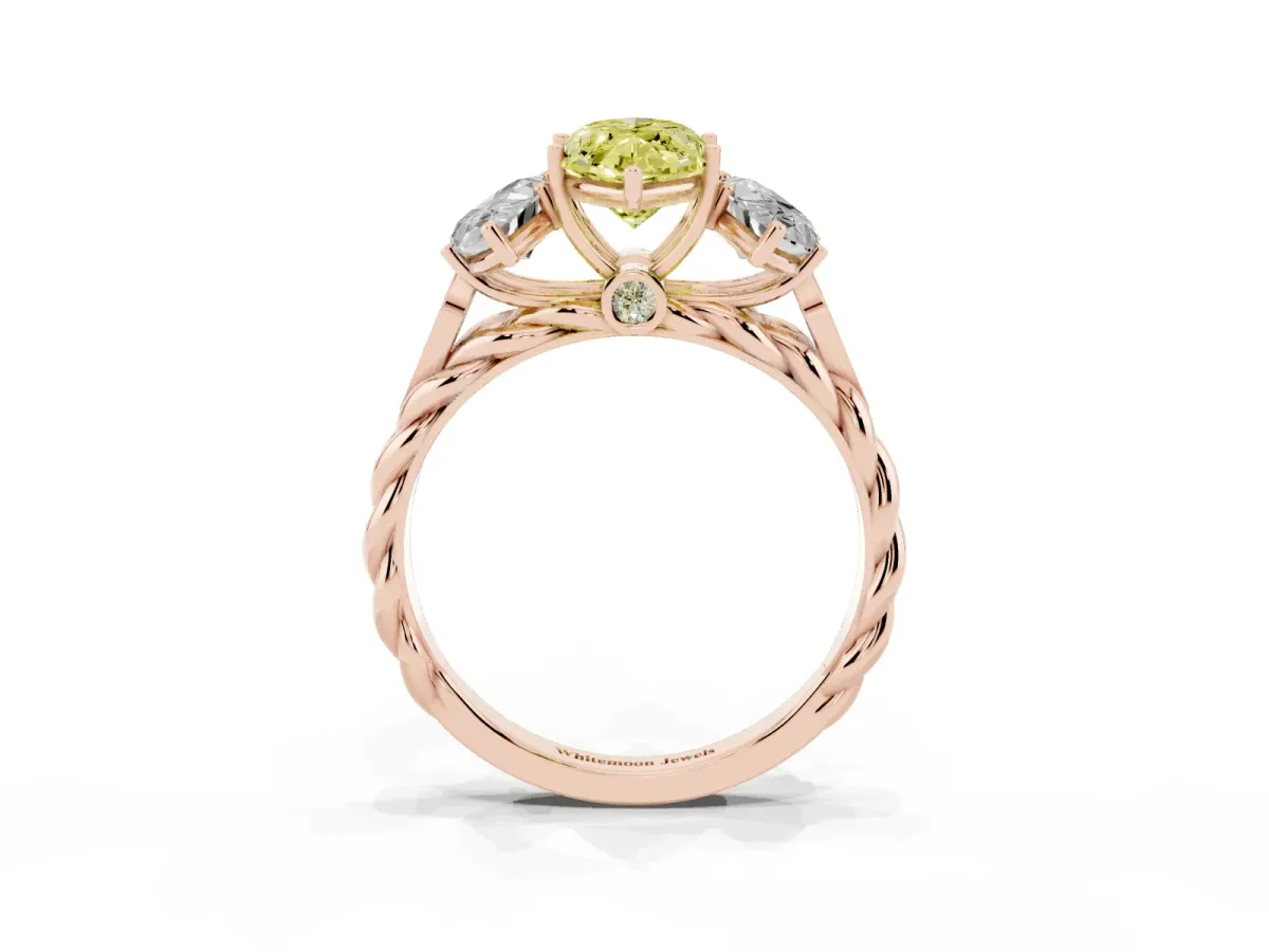 Fancy Yellow Three-Stone Marquise Cut Diamond Braided Band Ring with Four-Prong Setting Rose gold