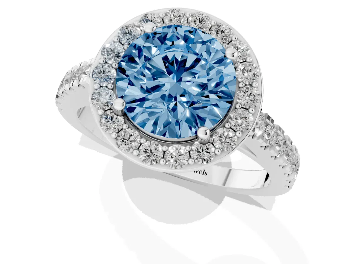 Fancy Blue Round Cut Diamond Halo Ring with Round Pavé Split Shank and Prong Setting Platinum