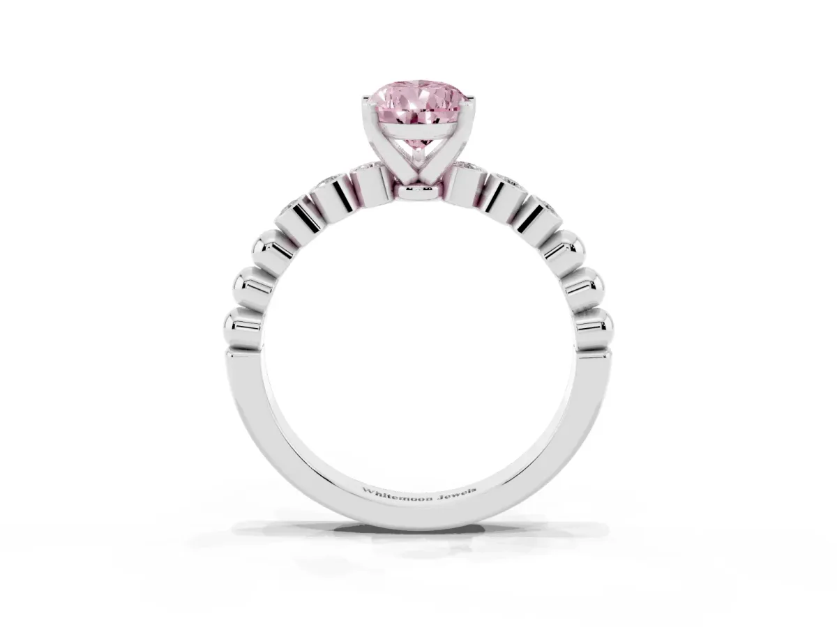 Fancy Pink Pear Cut Solitaire Bezel Accent Diamond Engagement Ring with Beaded Band and Four-Prong Setting Silver