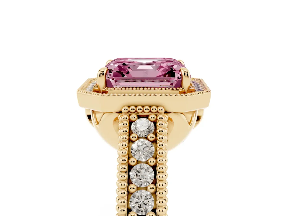 Fancy Pink Asscher Cut Cut Halo Diamond Ring with Pavé Band and Four-Prong Setting Yellow gold