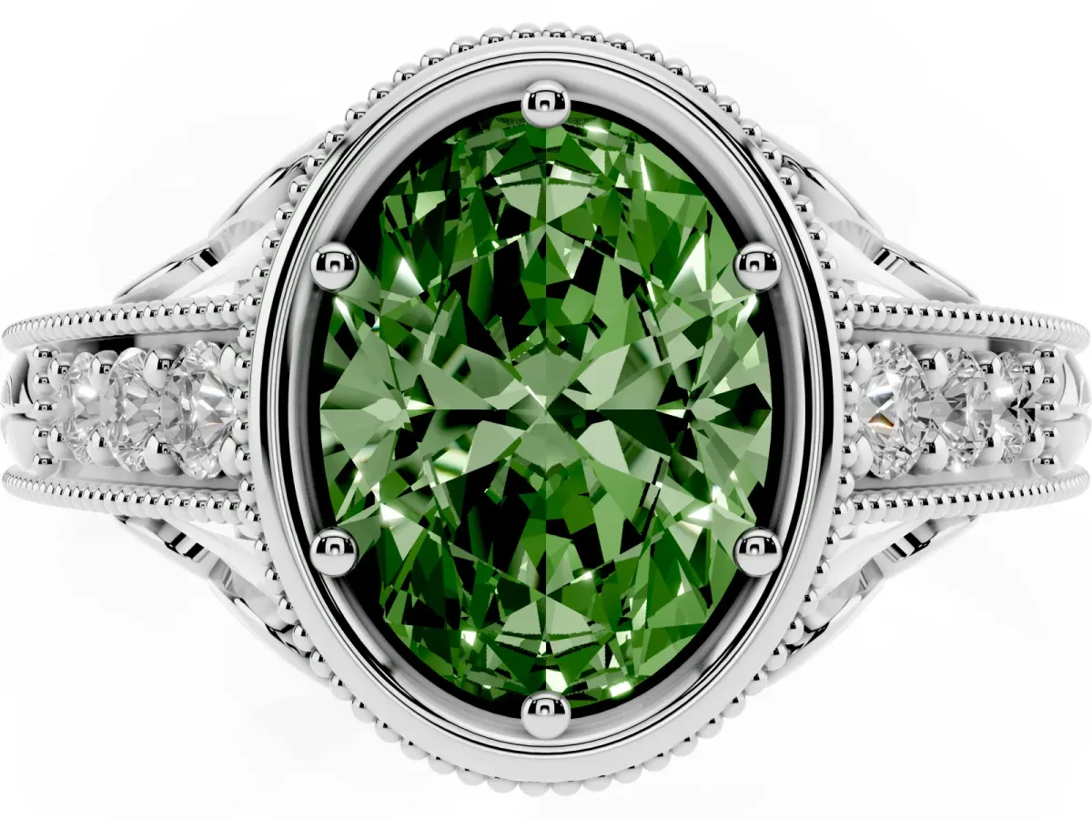 Fancy Green Bezel Set Oval Cut Diamond Milgrain Pave Engagement Ring Silver