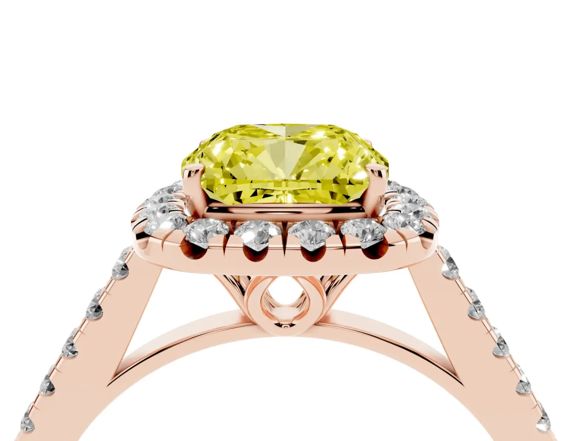 Fancy Yellow Cushion Cut Halo Pavé Diamond Engagement Ring with Four-Prong Setting Rose gold