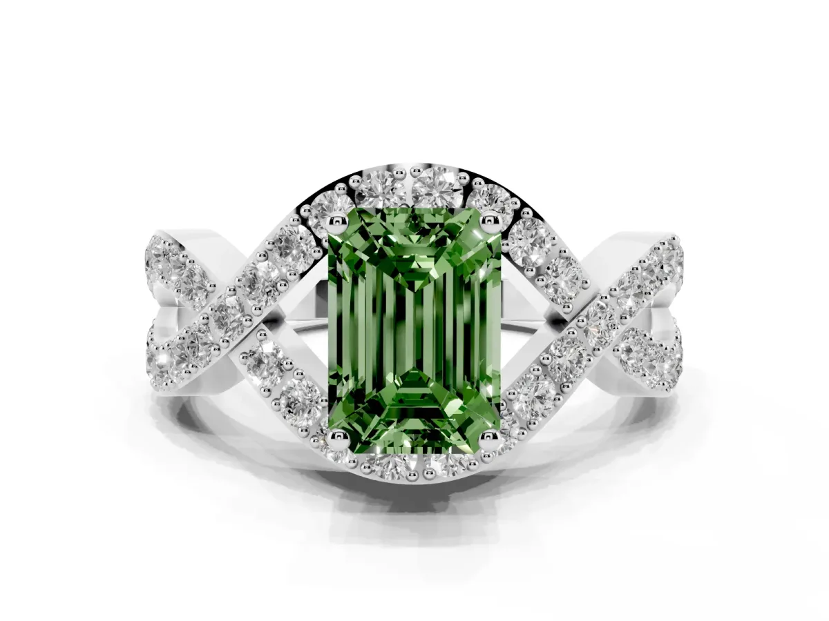 Fancy Green Emerald Cut Solitaire Twist Band Pavé Diamond Engagement Ring Silver
