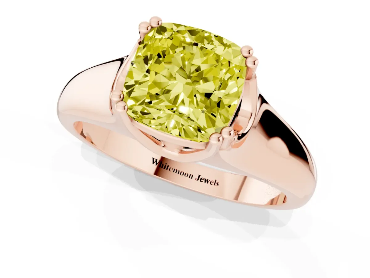 Fancy Yellow Cushion Cut Diamond Solitaire Ring with Wide Band and Prong Setting Rose gold