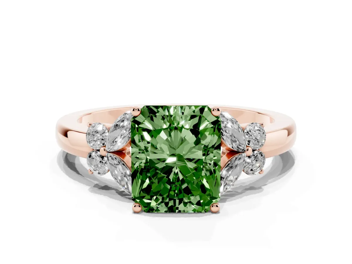 Fancy Green Radiant Cut Cut Solitaire Floral Diamond Ring with Four-Prong Setting Rose gold