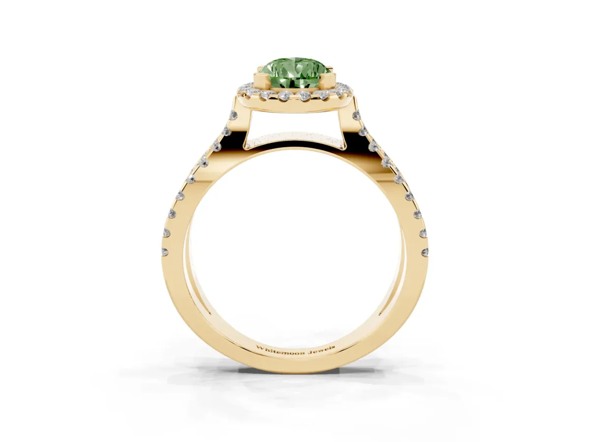 Fancy Green Pear Cut Diamond Halo Ring with Split Shank Pavé Band and Prong Setting Yellow gold