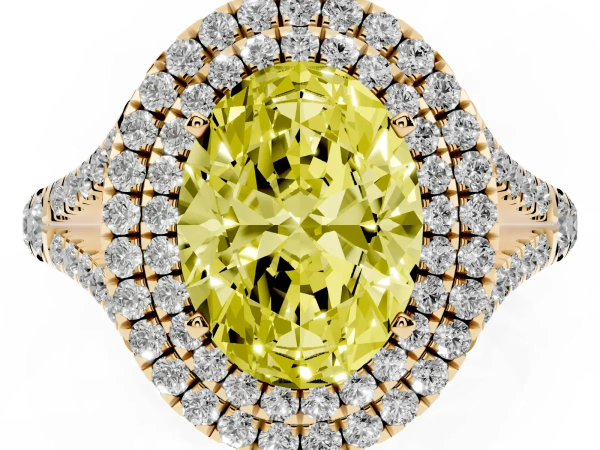 Fancy Yellow Oval Cut Diamond Pavé Split Shank Double Halo Engagement Ring Yellow gold