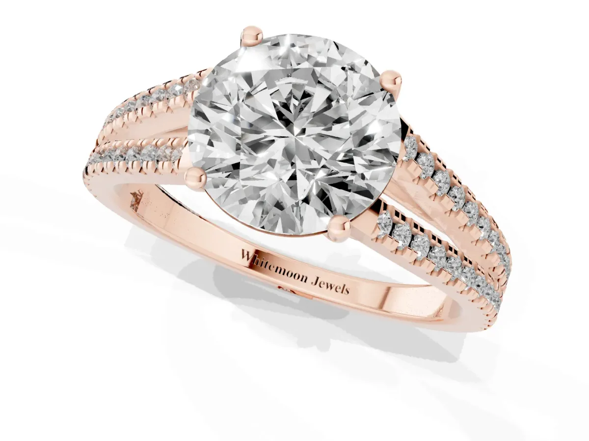 Round Cut Diamond Solitaire Engagement Ring with Split Shank Pavé Band Rose gold