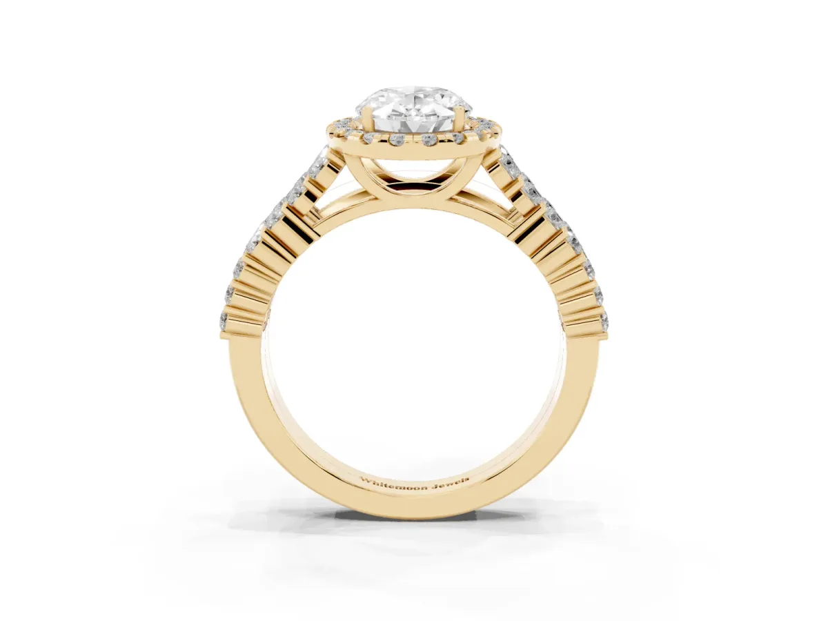 Oval Cut Diamond Halo Engagement Ring with Triple Row Round Pavé Band and Prong Setting Yellow gold