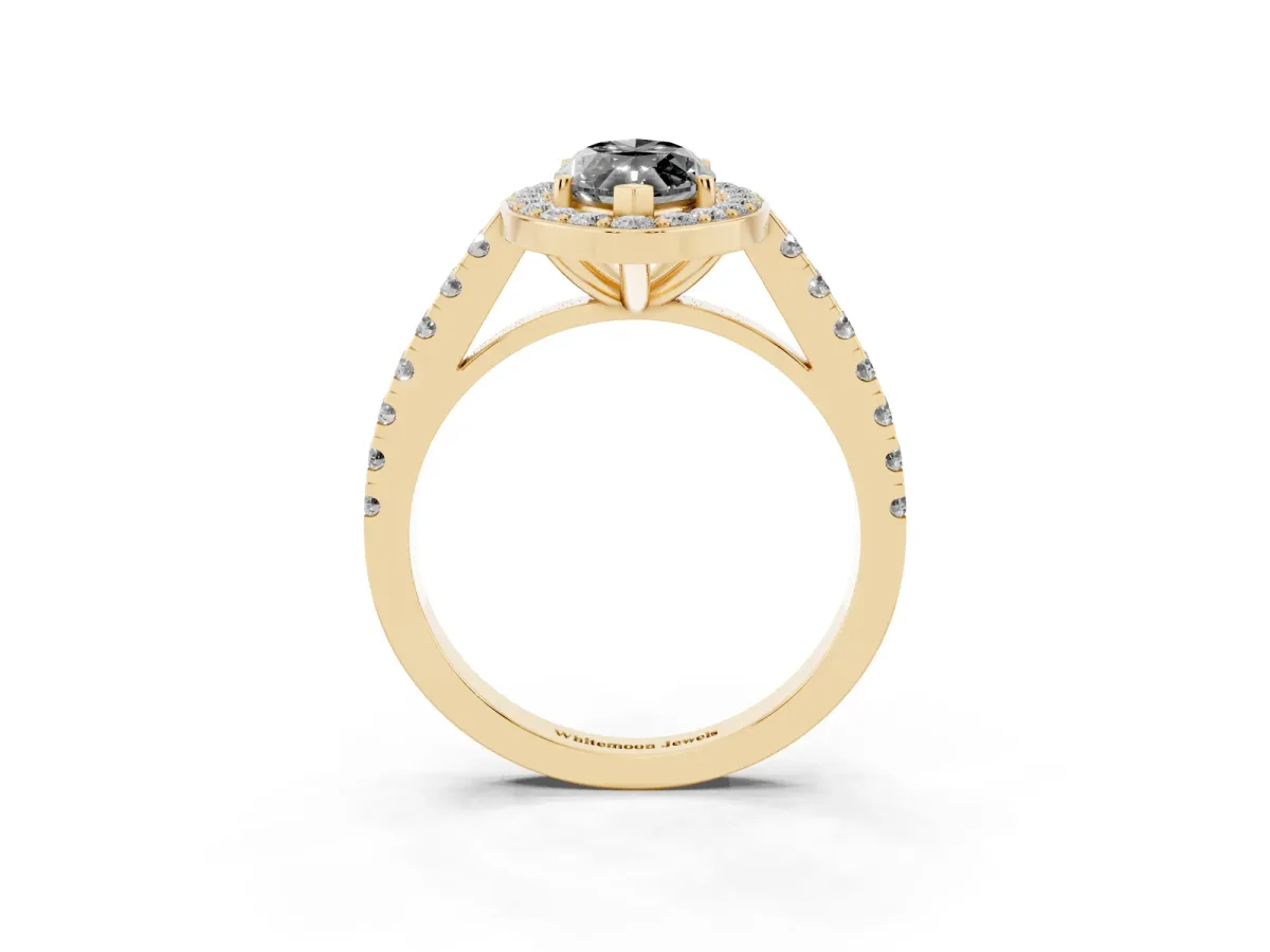 Fancy Black Marquise Cut Diamond Halo Ring with Round Pavé Split Shank and Prong Setting Yellow gold