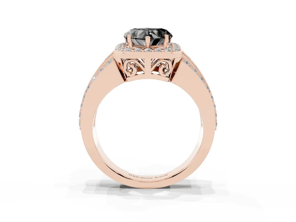 Fancy Black Heart Cut Halo Diamond Ring with Round Split Shank and Prong Setting Rose gold