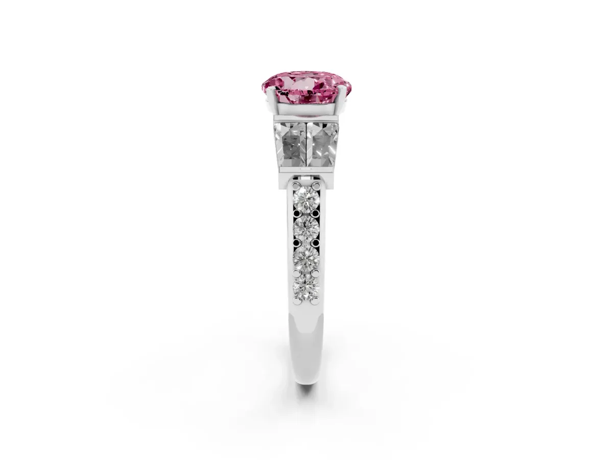 Fancy Pink Round Cut Diamond Engagement Ring with Baguette Side Stones and Channel Set Band Silver