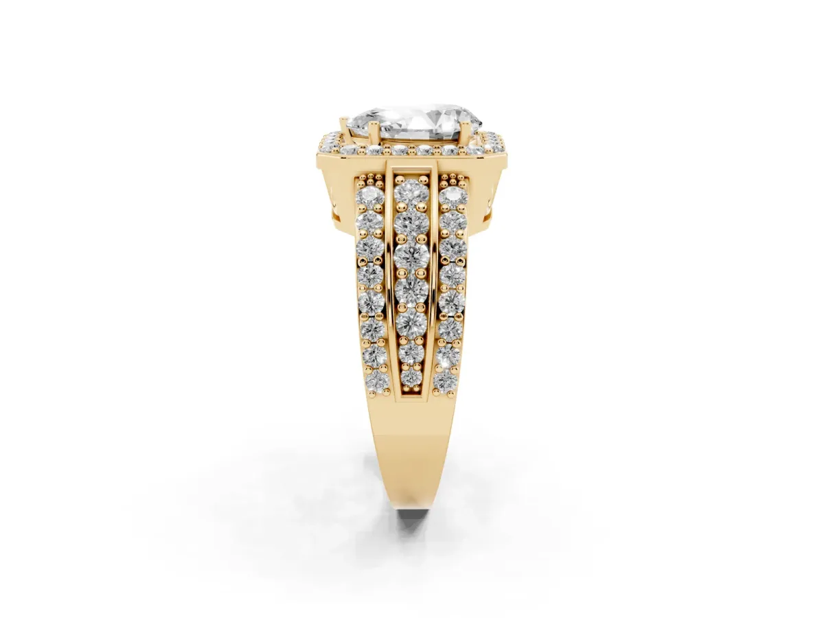 Pear Cut Halo Diamond Ring with Round Split Shank and Prong Setting Yellow gold