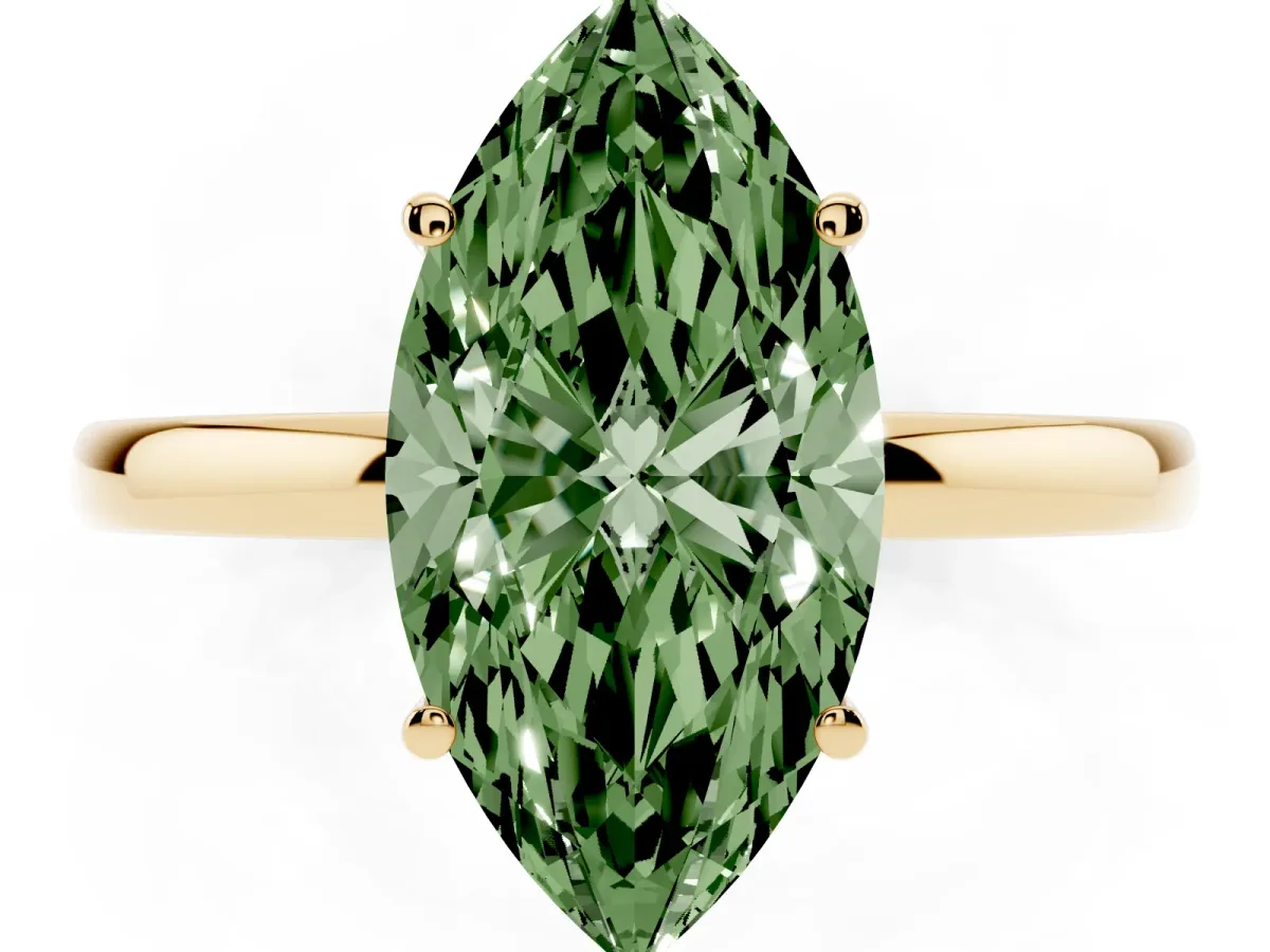 Fancy Green Marquise Cut Solitaire Diamond Ring with Prong Setting and Plain Band Yellow gold