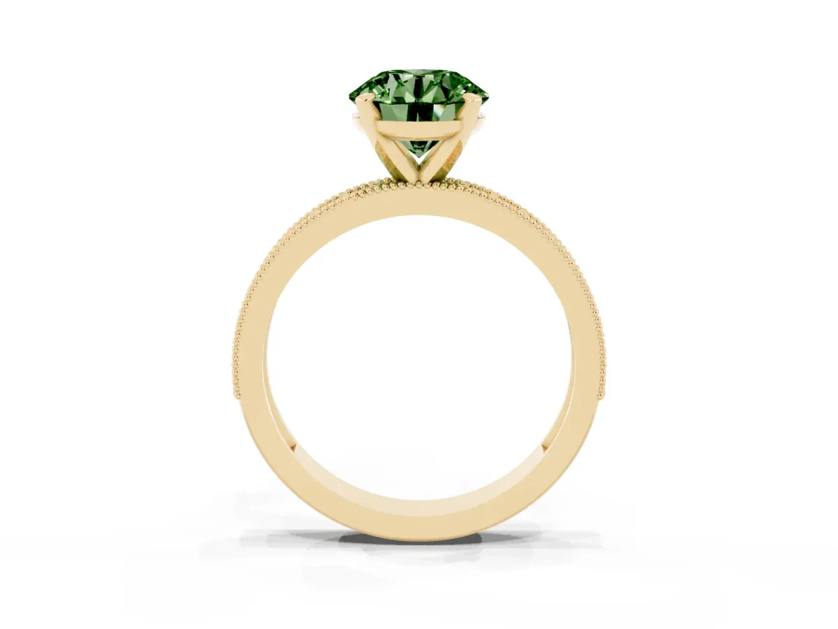 Fancy Green Round Cut Diamond Milgrain Pavé Engagement Ring with Four-Prong Setting Yellow gold