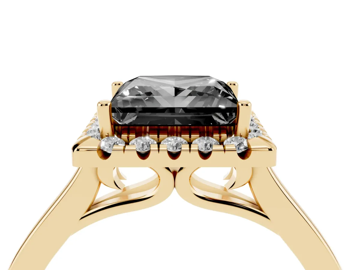 Fancy Black Princess Cut Halo Round Diamond Solitaire Ring with Pavé Band and Four-Prong Setting Yellow gold
