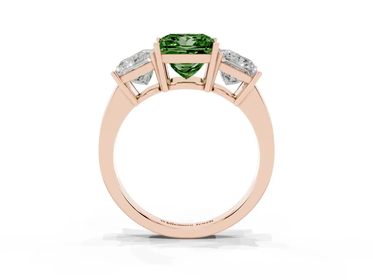 Fancy Green Three-Stone Princess Cut Cut Diamond Engagement Ring with Flat Band and Four-Prong Setting Rose gold