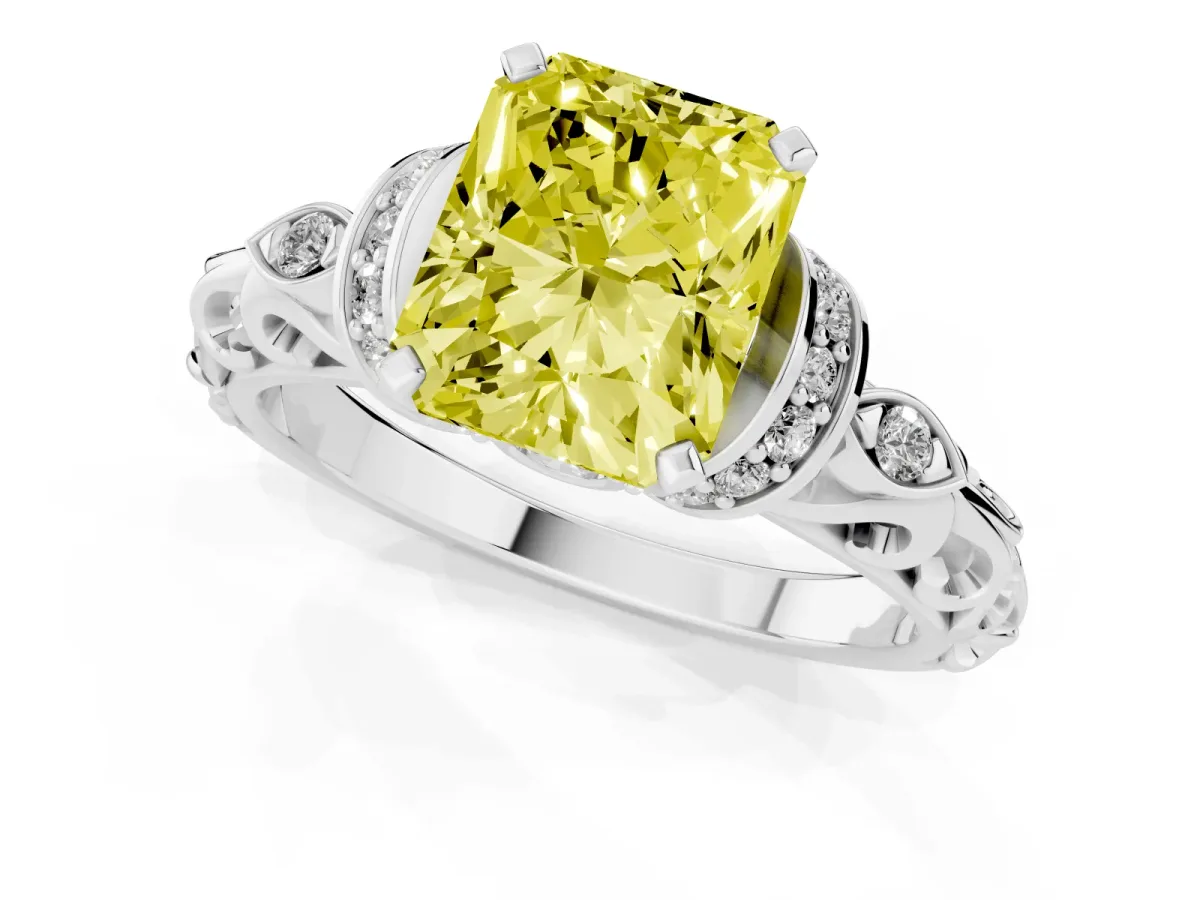 Fancy Yellow Radiant Cut Diamond Solitaire Ring with Filigree Band and Four-Prong Setting Silver