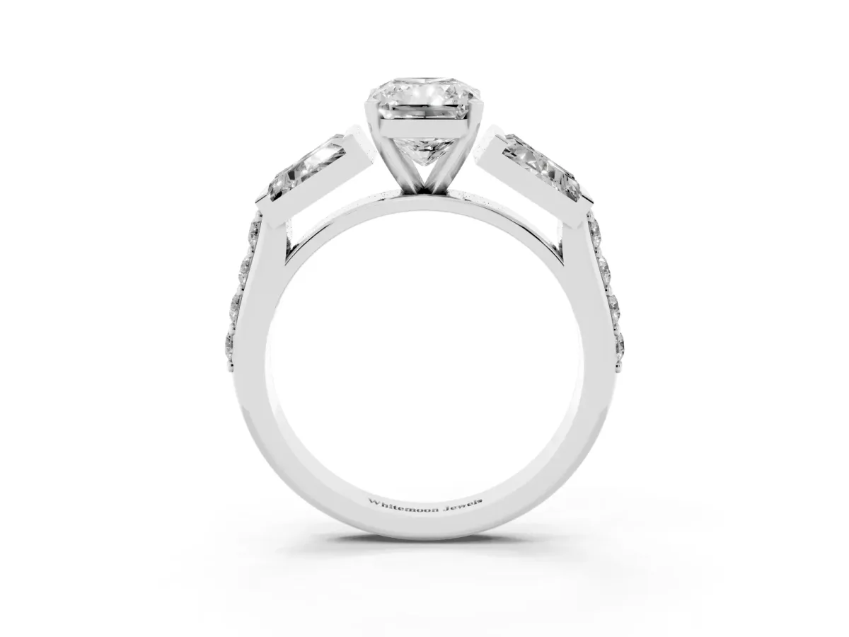 Radiant Cut Diamond Engagement Ring with Baguette Side Stones and Channel Set Band White gold