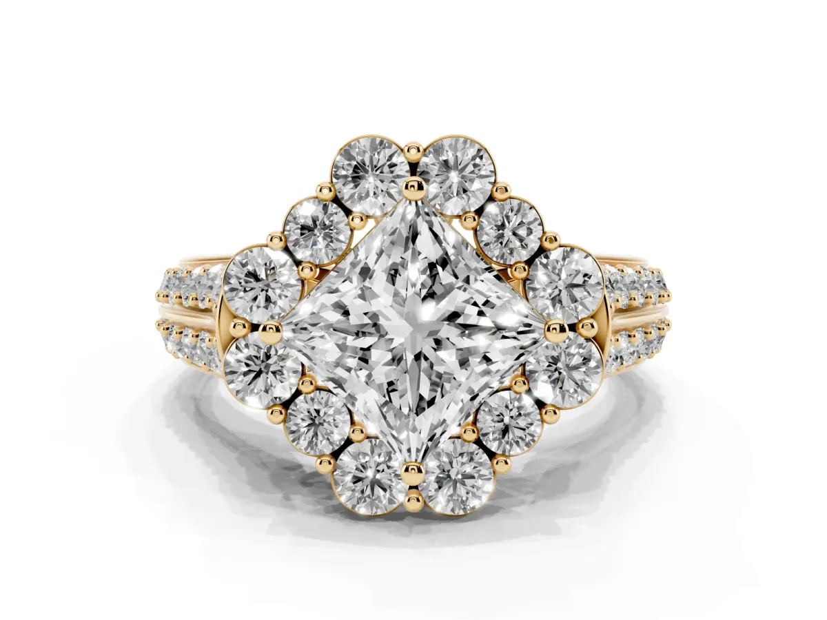Princess Cut Halo Diamond Engagement Ring with Split Shank and Prong Setting Yellow gold