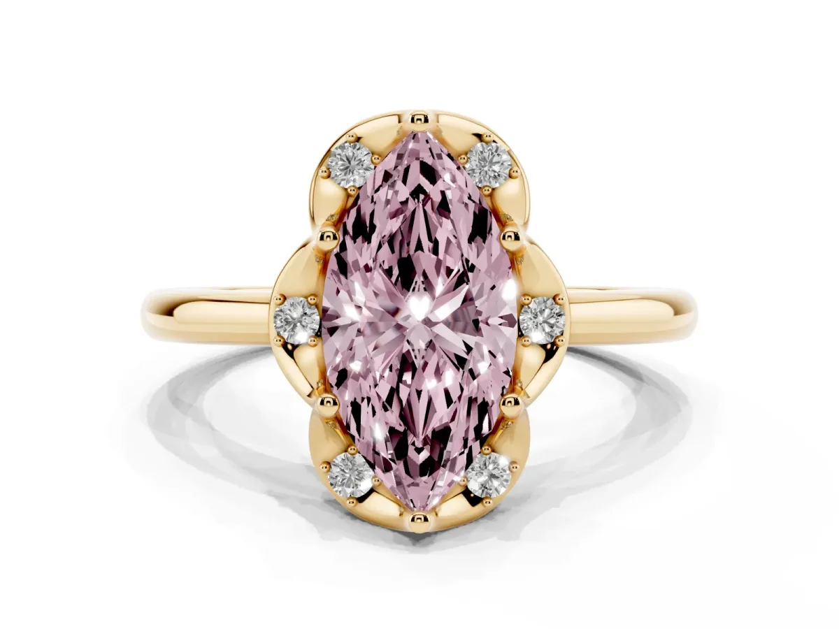 Fancy Pink Marquise Cut Halo Diamond Ring with Round Cluster Setting, Solitaire Band, and Four-Prong Setting Yellow gold