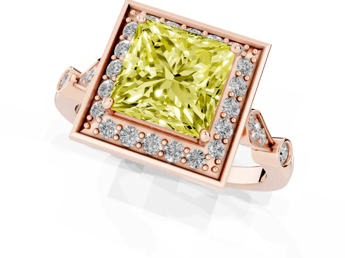Fancy Yellow Princess Cut Halo Diamond Engagement Ring with Twisted Band and Four-Prong Setting Rose gold