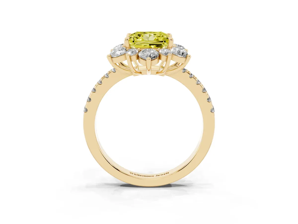 Fancy Yellow Princess Cut Diamond Floral Halo Ring with Round Pavé Band and Prong Setting Yellow gold