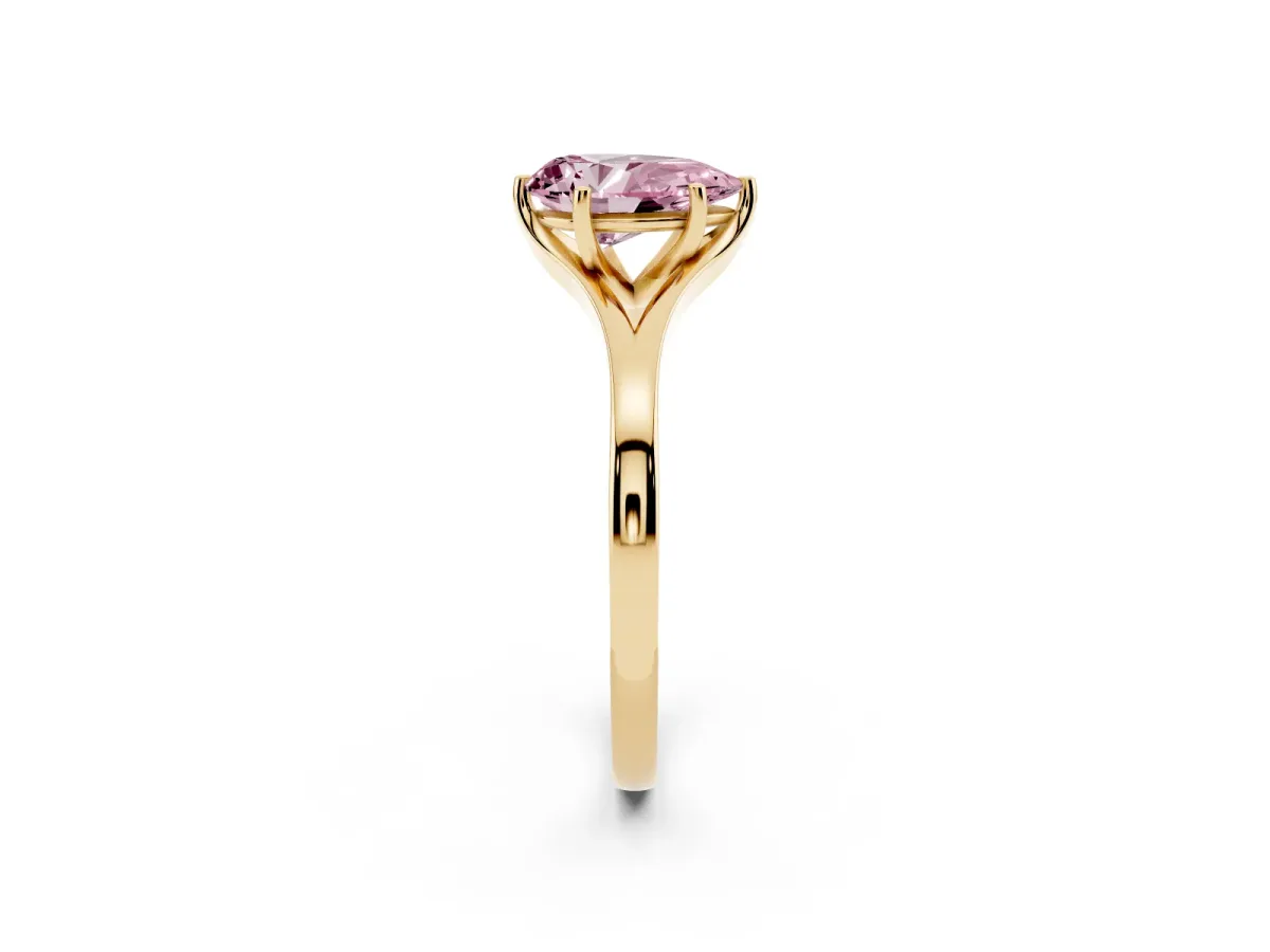 Fancy Pink Pear Cut Solitaire Diamond Ring with Six-Prong Setting and Tapered Band Yellow gold