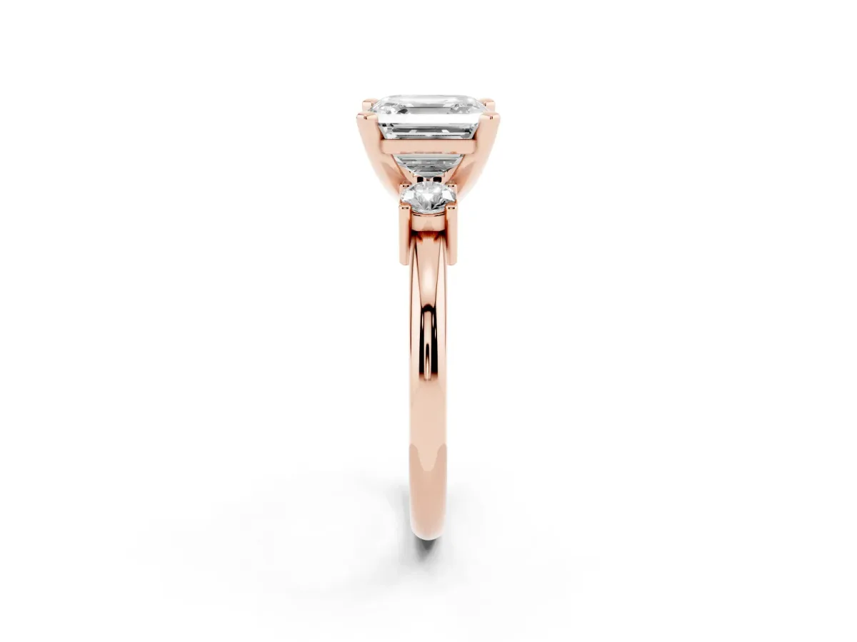 Three-Stone Asscher Cut Cut Diamond Solitaire with Prong Setting and Classic Band Rose gold