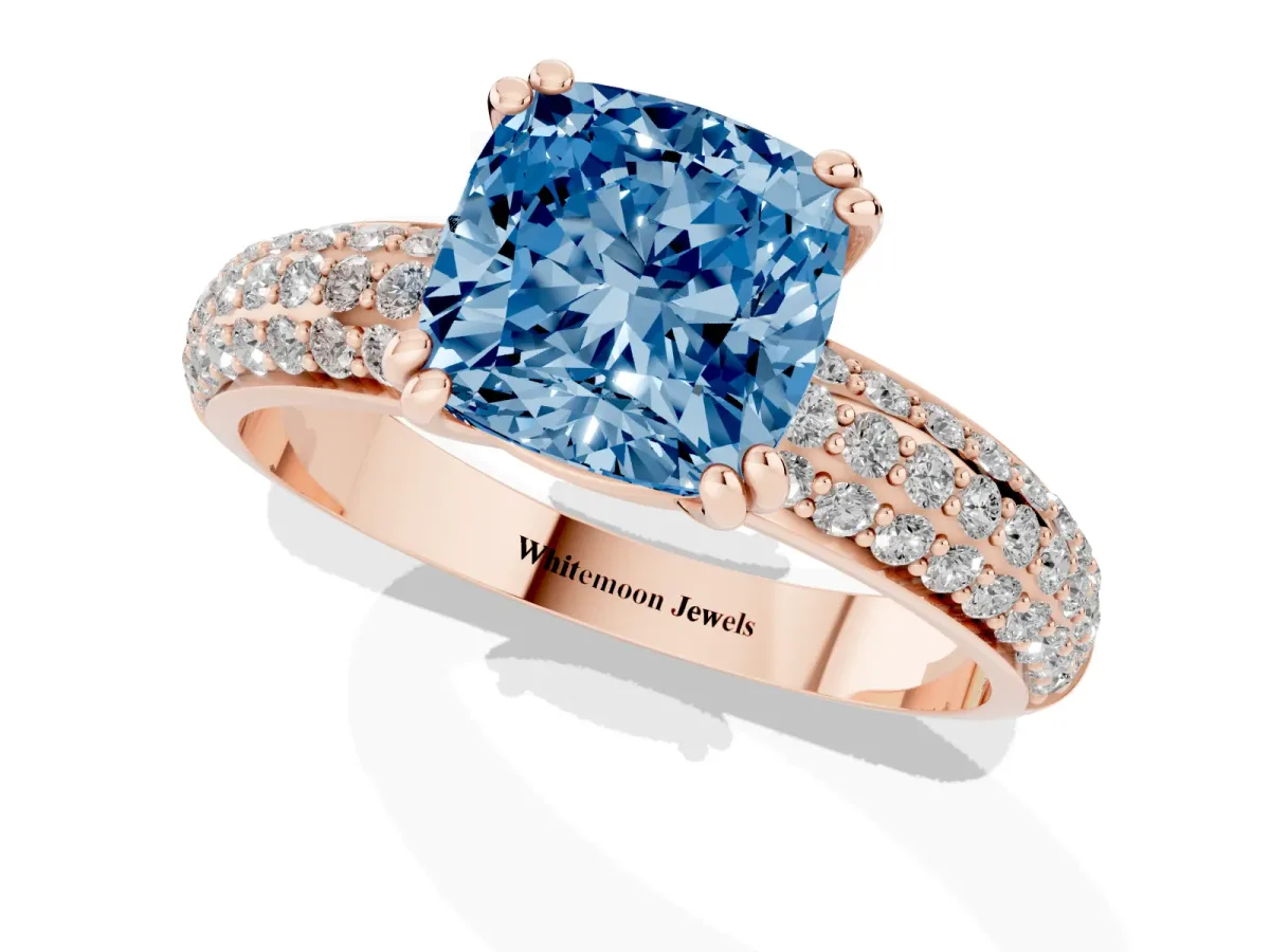 Fancy Blue Cushion Cut Diamond Solitaire Ring with Multi-Row Round Pavé Band and Prong Setting Rose gold