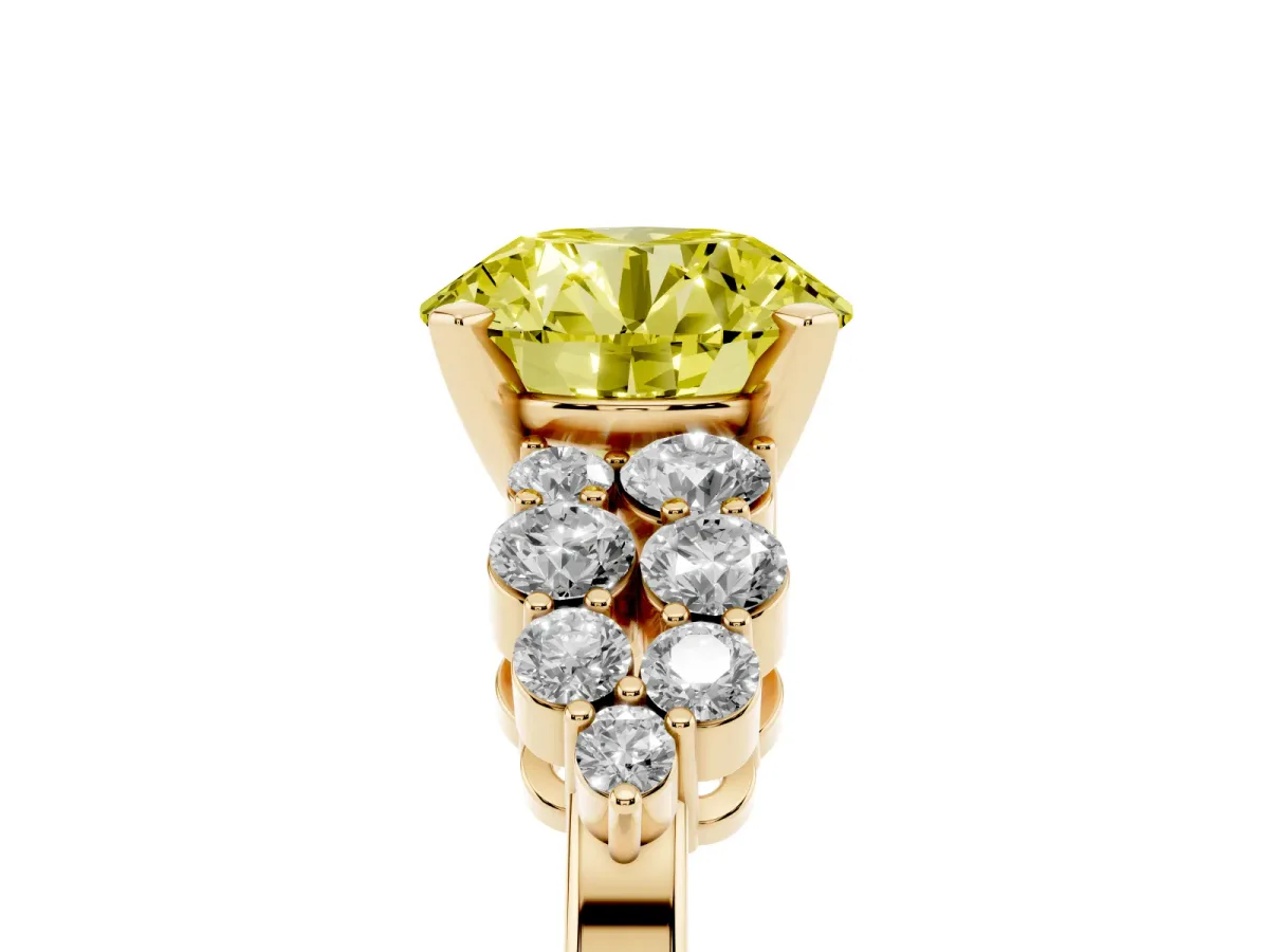 Fancy Yellow Round Cut Cluster Diamond Engagement Ring with Pavé Band and Four-Prong Setting Yellow gold