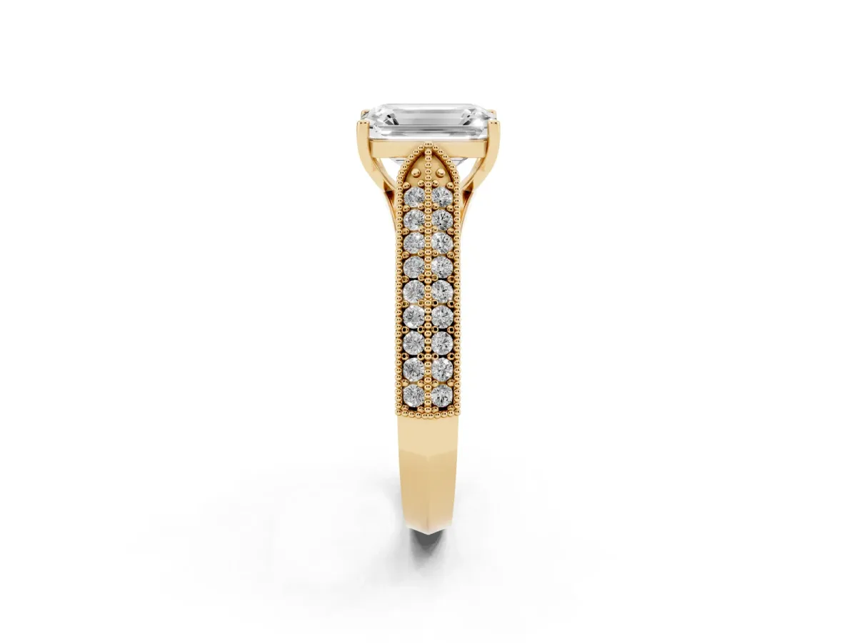 Emerald Cut Cut Pave Split Shank Engagement Ring with Four-Prong Setting Yellow gold